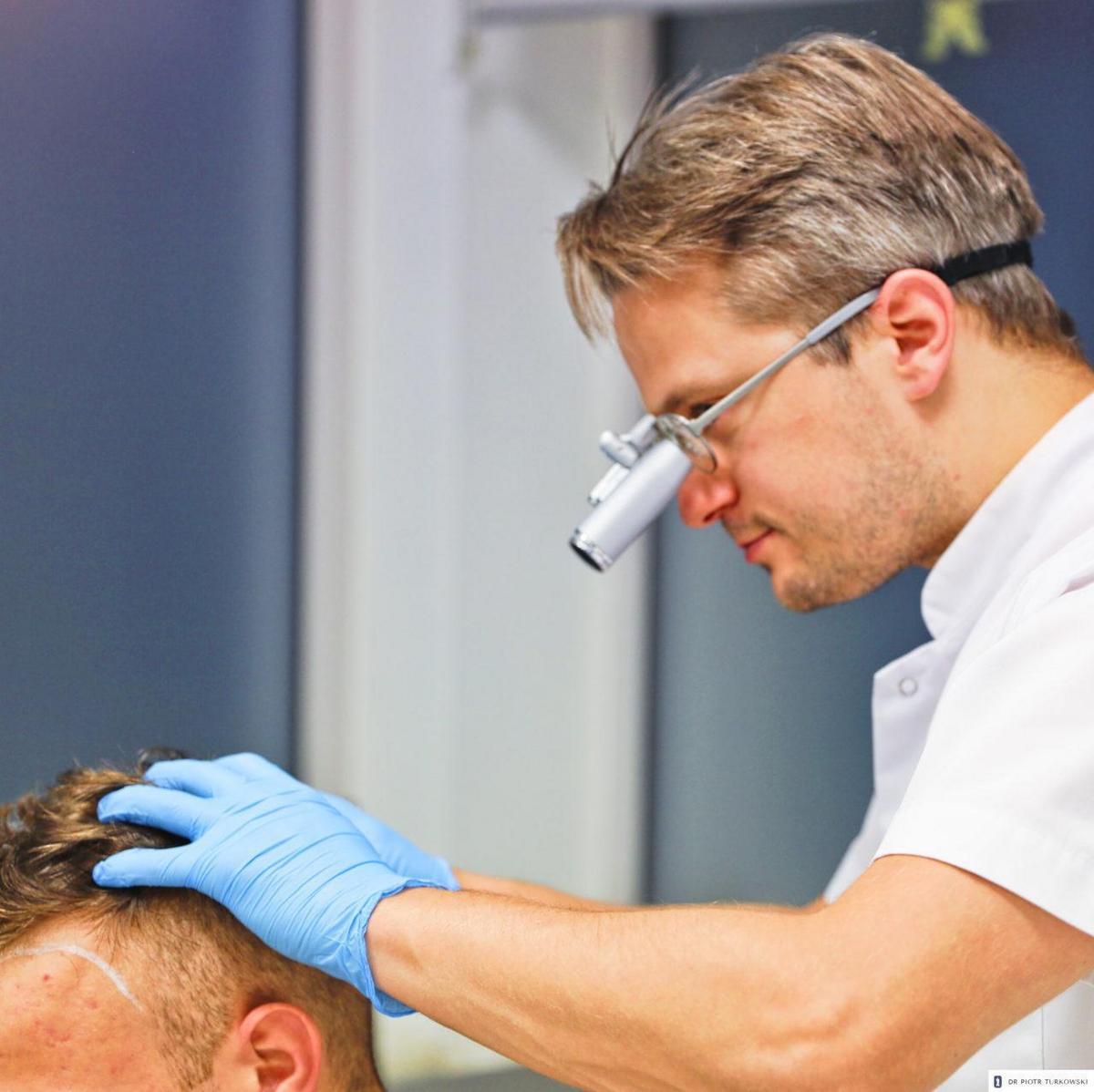 A patient resting with bandaged head after hair transplant surgery.