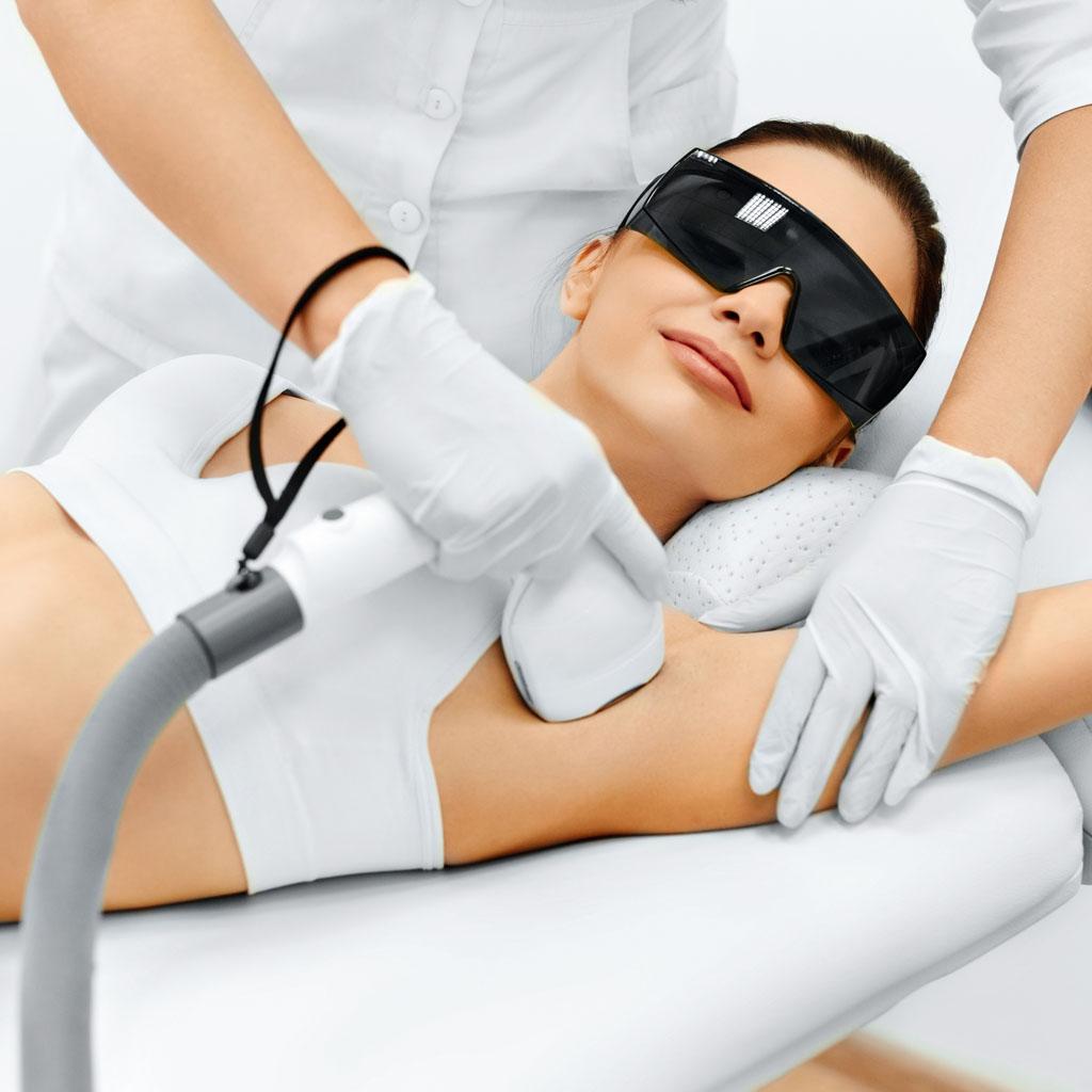 Laser device used for hair removal on skin in a clinical or home setting.