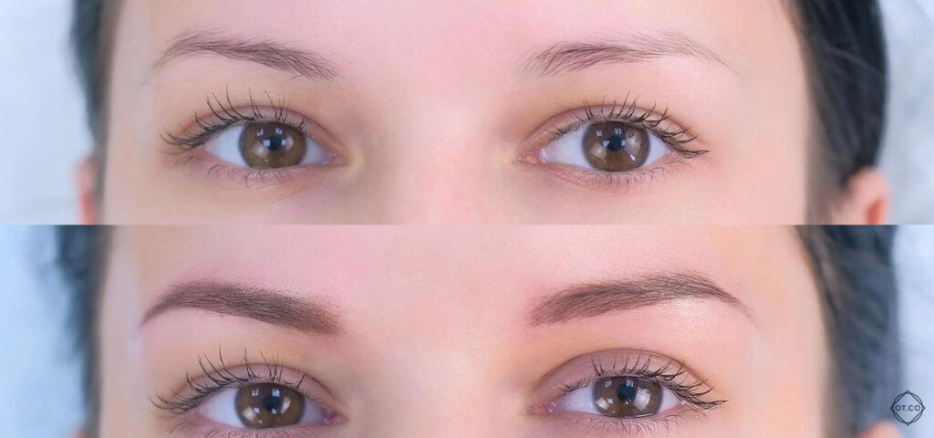 Eyelashes and eyebrows undergoing a laminating treatment for enhanced shape and appearance.